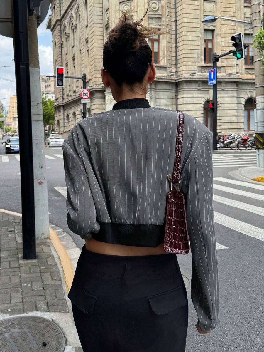 SHEIN Frenchy 女士春秋条纹长袖短款休闲棒球夹克 - 深灰色 - 查看 1