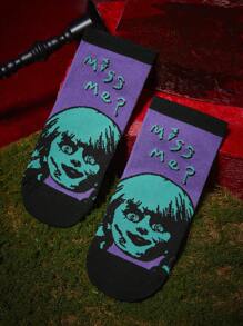 ANNABELLE x SHEIN 2 piezas/Juego Medias de tobillo con estampado de figura humana espeluznante y letras para Halloween para mujer