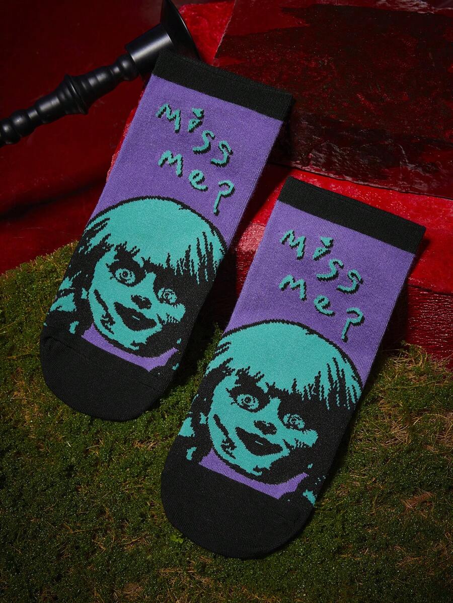 ANNABELLE x SHEIN 2 piezas/Juego Medias de tobillo con estampado de figura humana espeluznante y letras para Halloween para mujer