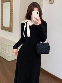 DAZY 女款對比領抽繩針織洋裝，秋季女裝保暖內裡婚禮賓客洋裝 - 黑色 - 查看 1