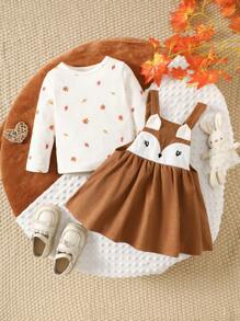 2pcs Baby Girl Round Neck Long Sleeve Allover Print Top And Loose Strap Dress Casual Set, Fall Clothes - Brown - View 3