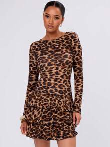 MUSERA 长袖豹纹荷叶边连衣裙，适合夏季度假、伊比沙岛晚宴等场合。 - 彩色 - 查看 2