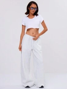 MUSERA Tie Waist Sweat Trousers Vacation Elegant, , Cute     Joggers Sweatpants Pants - Light Grey - View 3