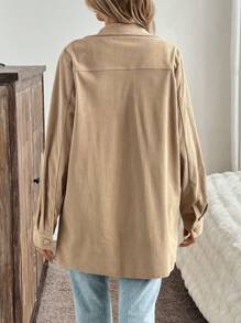 SHEIN LUNE 女式翻领纽扣羽绒服，带口袋，灯芯绒面料，优雅休闲百搭保暖冬季外套秋季服装女士假日服装商务休闲女式西方女士服装机场服装