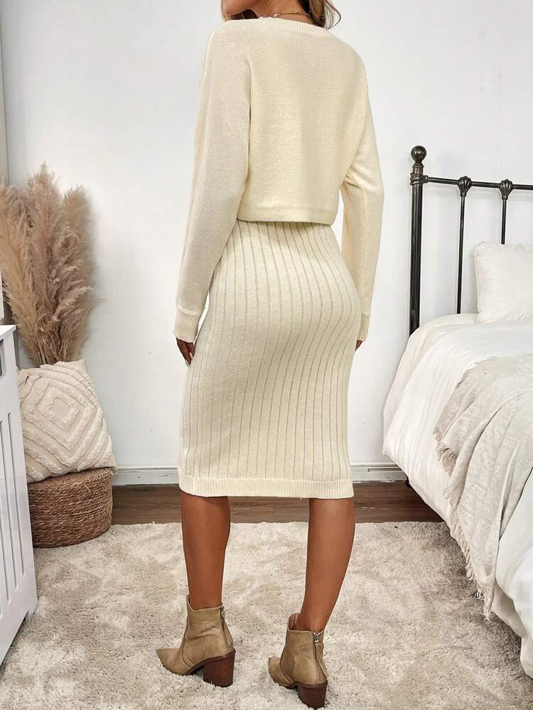 2pcs/Set Women's Solid Round Neck Batwing Sleeve Sweater & Sleeveless Sweater Dress, Elegant For Fall/Winter