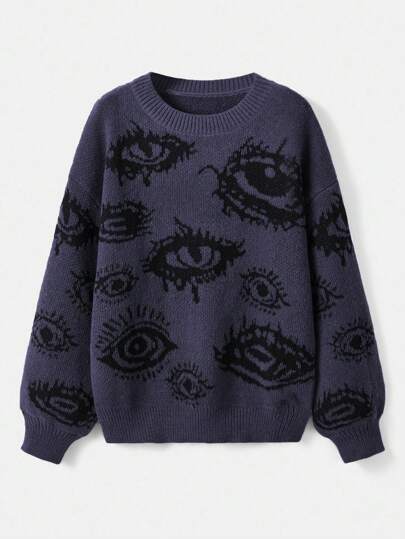 Grunge Punk pull à manches longues avec col rond, motif œil simple, usage casual quotidien