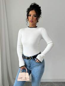 Chiquease 休闲撞色滚边修身毛衣，春秋季针织套头衫，秋冬季 - 白色 - 查看 4