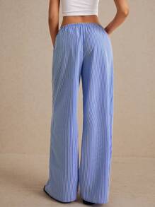 Poéselle Quần sọc dọc, Quần sọc cạp rút, Quần thẳng cạp rút in sọc, Quần dài thường ngày cạp trễ, Quần Palazzo - Xanh đậm - Xem 5
