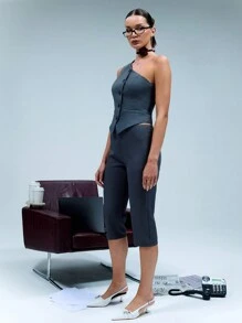 SHEIN Unity 女士前扣式不对称肩部仿口袋休闲背心 - 灰色 - 查看 6