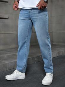 Manfinity Homme Men's Light Blue Denim Casual Straight Leg Jeans - Light Wash - View 4