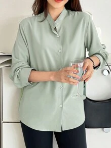 DAZY Solid Button Front Blouse Long Sleeve Top