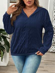 SHEIN LUNE Textured Comfortable Fabric Hooded Zip-Up Elastic Hem Plus Size Jacket Winter Fall Autumn - Navy Blue - View 6