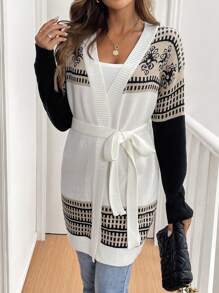 SHEIN LUNE Geometric Print Color Block Waist Belt Cardigan Fall Cloth For Women - Multicolor - View 1