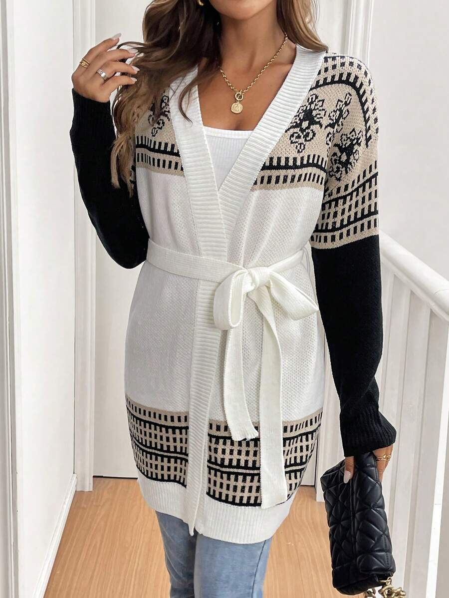 SHEIN LUNE Geometric Print Color Block Waist Belt Cardigan Fall Cloth For Women - Multicolor - View 1