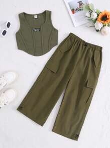 SHEIN Tween Girl's Casual Round Neck Tank Top & Asymmetrical Hem Cargo Pants Set