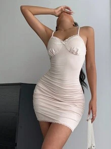 Muchica 女式休闲纯色针织修身迷你连衣裙 - 杏色 - 查看 6