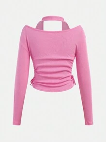 SHEIN Teen Girls' Fuschia Pink Ribbed Funnel Neck Ruched Hem Sweet Casual Long Sleeve T-Shirt - Hot Pink - View 2