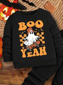 SHEIN 男婴针织柔软圆领休闲装，加厚万圣节印花运动衫和裤子秋季套装，适合秋冬季 - 黑色 - 查看 3