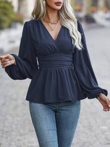 EMERY ROSE Blusa sencilla de manga larga con cuello en V y volantes, unicolor, informal y tipo peplum - Azul Marino - Ver 4