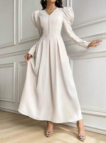 Modelyn Women's Elegant Solid Color Bishop Sleeve Dress, Spring & Autumn