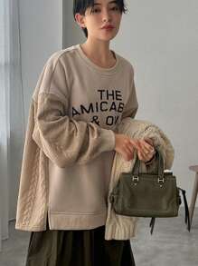 FRIFUL 女式宽松拼布字母印花卫衣，秋装 - 卡其色 - 查看 6