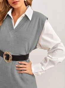 EURMUSE Women's V-neck Sweater Vest Dress - Grey - View 4