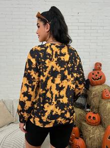 Deniart Artist Plus Size Women's Casual Long Sleeve Crew Neck Tie-Dye Loose Sweatshirt, For Halloween, For Holiday, Vacation, Festival, For Workout, Ibiza Fits, Western Wear