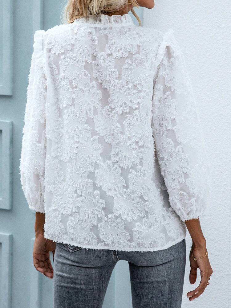 Spring Break Fuzzy Notched Neck Bishop Sleeve Blouse,Three Quarter Sleeve Tops