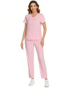 Short-Sleeved Scrubs Uniform Set With Notched V-Neck And Pants - Baby Pink - View 3