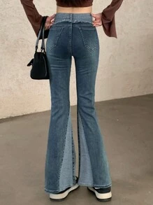 FRIFUL Women's Distressed Hem Pocket Flared Casual Denim Jeans