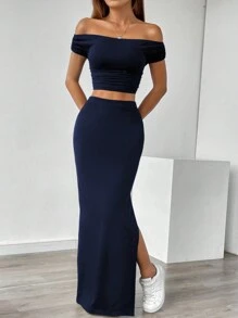 SHEIN Unity Conjunto de blusa plisada de hombros descubiertos y falda con abertura lateral de unicolor - Azul Marino - Ver 6