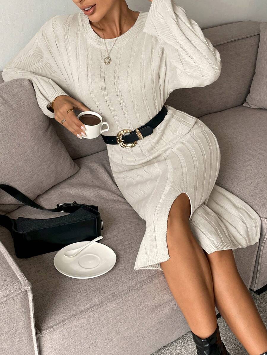 SHEIN Frenchy Damen Einfarbig Langarm Rippenstrick Schlitz Pullover Kleid Für Herbst/Winter, Drop-Shoulder