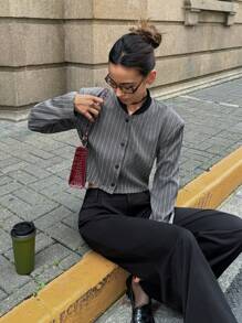 SHEIN Frenchy 女士春秋条纹长袖短款休闲棒球夹克 - 深灰色 - 查看 5