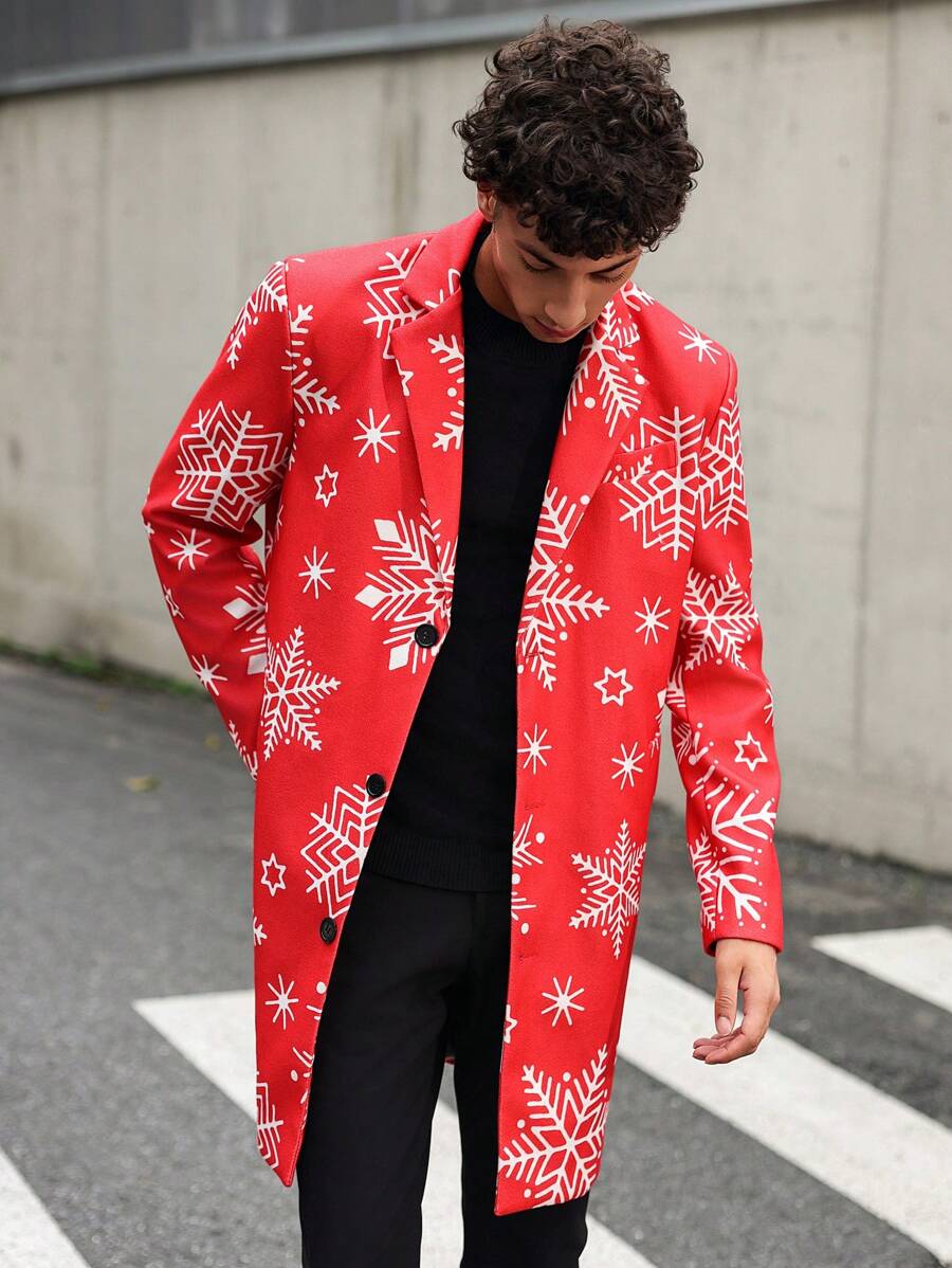 Manfinity Hypemode Manteau casual mi-long polyvalent pour homme avec design de flocons de neige blancs, parfait pour incorporer des éléments de Noël dans votre tenue. Manteau à motif graphique coloré de mode pour hommes sortant pendant les périodes de Noël, d'automne et d'hiver. Idéal comme cadeau pour les amis, le mari ou le petit ami
