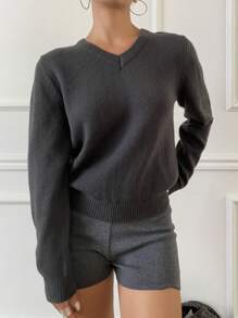 Livesso 女士休闲商务V领宽松针织毛衣，秋季新品，秋季女装 - 灰色 - 查看 4