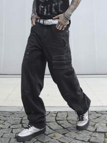 Manfinity EMRG Quần Jeans Denim Ống Đứng Dáng Rộng Thường Ngày Cho Nam - màu đen - Xem 5