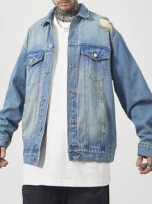 Manfinity Hypemode 男士休闲格言印花破洞牛仔夹克，春秋 - 淺色水洗藍 - 查看 3