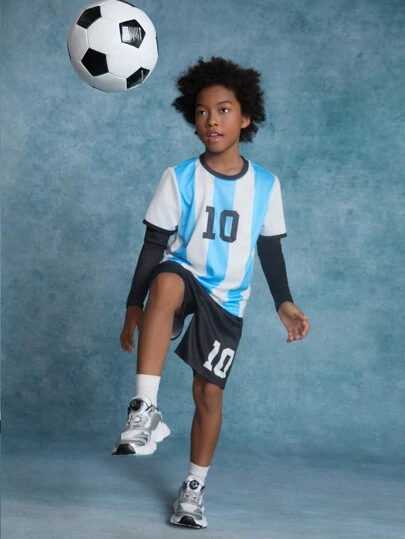 SHEIN 2 件装宽松男童图案印花运动衫和短裤运动套装