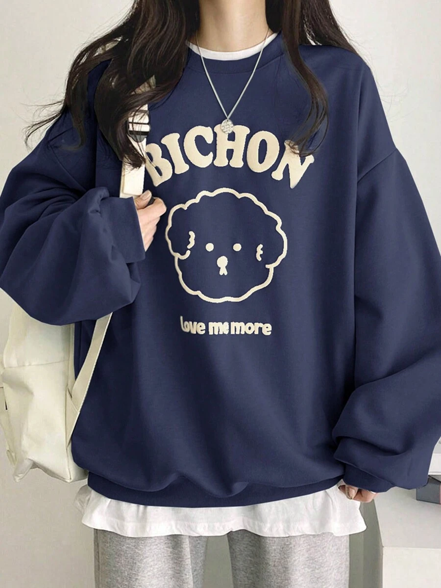 DAZY Women's Casual Cartoon Letter Print Sweatshirt, Spring & Fall,Long Sleeve Tops - Navy Blue - View 1