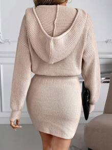 SHEIN LUNE 女士纯色长袖简约连帽休闲毛衣连衣裙 - 卡其色 - 查看 2
