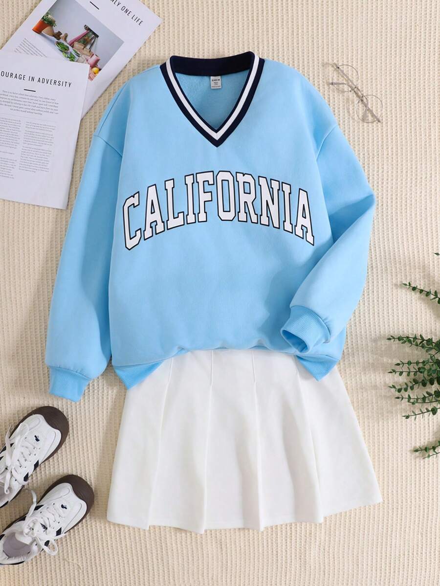 SHEIN Teen Girls Preppy Campus Outfit V-Neck Contrast Color Collar Letter Print Oversized Sweatshirt & White Pleated Mini Skirt Casual 2Pcs Set - Blue and White - View 1