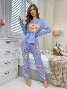 1 conjunto Pijama de mujer con parte superior de manga larga de cuello redondo y pantalones con estampado de perros