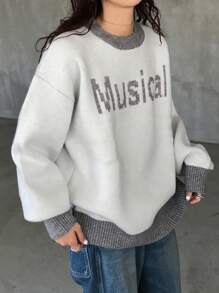 FRIFUL Suéter holgado con bloques de color y letras para mujer, otoño e invierno - Beis - Ver 1