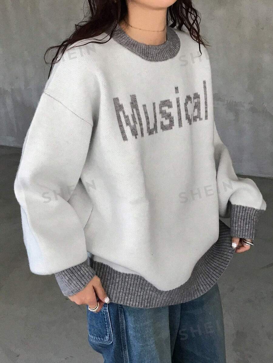 FRIFUL Suéter holgado con bloques de color y letras para mujer, otoño e invierno - Beis - Ver 1