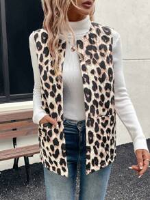 EMERY ROSE Women Leopard Print Open Front Casual Vest Jacket, Autumn & Winter - Multicolor - View 3