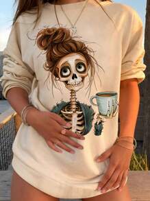 INAWLY Women's Casual Skull Print Fleece Sweatshirt For Autumn & Winter,Long Sleeve Tops Pullover Fall Outfit