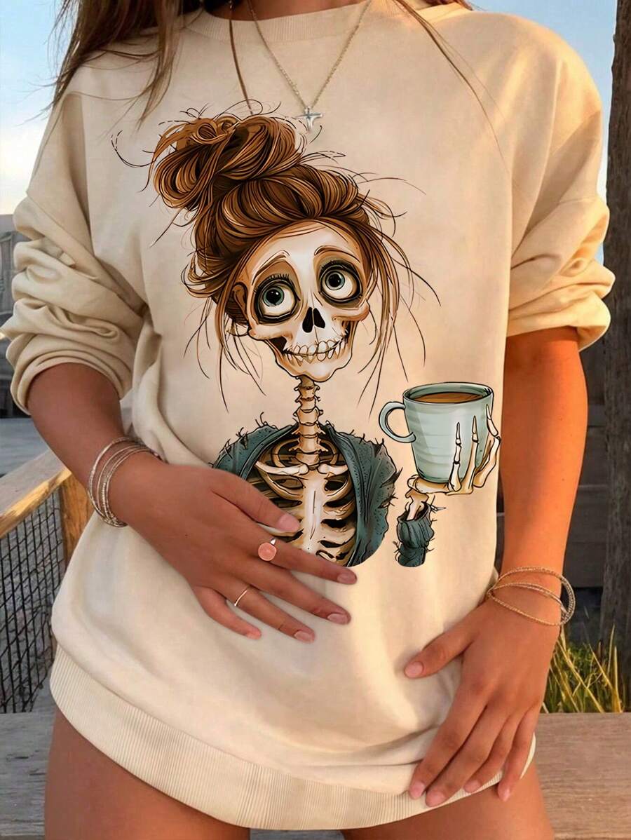 INAWLY Women's Casual Skull Print Fleece Sweatshirt For Autumn & Winter,Long Sleeve Tops Pullover Fall Outfit