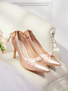 CUCCOO HITCHD Pointed Toe Satin Bow Faux Pearl Decor Champagne High Heel Pumps For Women Fall