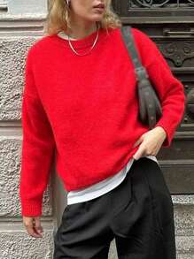 INAWLY Plus Size Dames Effen Kleur Dropped Shoulder Ronde Hals Lange Mouw Casual Trui, Herfst/Winter
