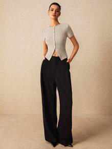 Poéselle 秋季修身不对称罗纹短袖女式 T 恤，带开衩下摆设计，短袖衬衫，圆领，紧身短袖衬衫，T 恤，秋季女式上衣，万圣节衬衫，外出服装 - 杏色 - 查看 6